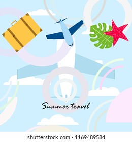 summer travel suitcase aircraft starfish tropical plant vector background