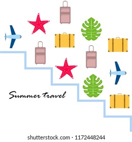 summer travel suitcase aircraft starfish tropical plant vector background