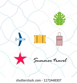 summer travel suitcase aircraft starfish tropical plant vector background