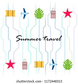 summer travel suitcase aircraft starfish tropical plant vector background