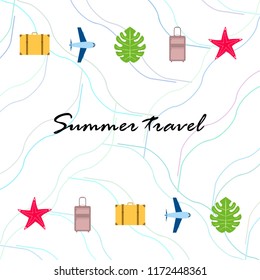 summer travel suitcase aircraft starfish tropical plant vector background