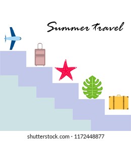 summer travel suitcase aircraft starfish tropical plant vector background