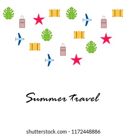 summer travel suitcase aircraft starfish tropical plant vector background