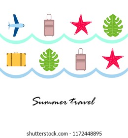 summer travel suitcase aircraft starfish tropical plant vector background