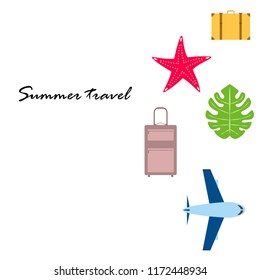 summer travel suitcase aircraft starfish tropical plant vector background summer travel suitcase aircraft starfish tropical plant vector background