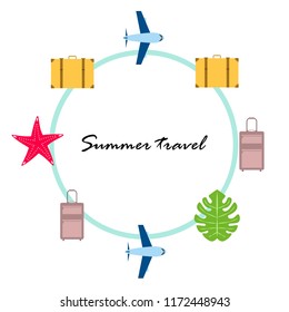 summer travel suitcase aircraft starfish tropical plant vector background