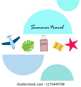 summer travel suitcase aircraft starfish tropical plant vector background