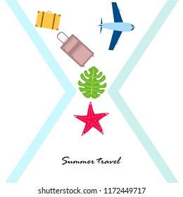 summer travel suitcase aircraft starfish tropical plant vector background