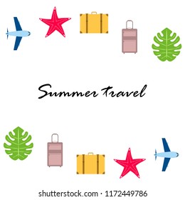 summer travel suitcase aircraft starfish tropical plant vector background