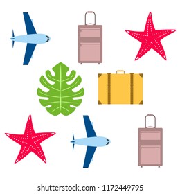 summer travel suitcase aircraft starfish tropical plant vector background
