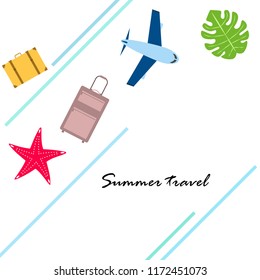 summer travel suitcase aircraft starfish tropical plant vector background