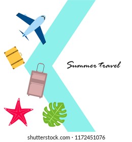 summer travel suitcase aircraft starfish tropical plant vector background