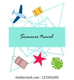 summer travel suitcase aircraft starfish tropical plant vector background