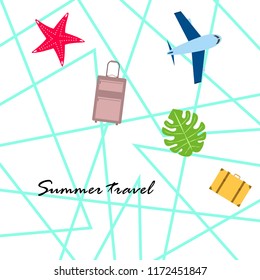 summer travel suitcase aircraft starfish tropical plant vector background