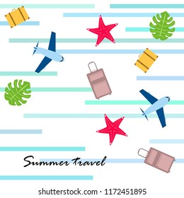 summer travel suitcase aircraft starfish tropical plant vector background