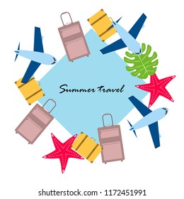 summer travel suitcase aircraft starfish tropical plant vector background