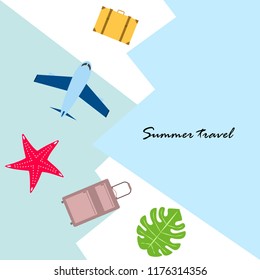 summer travel suitcase aircraft starfish tropical plant vector background