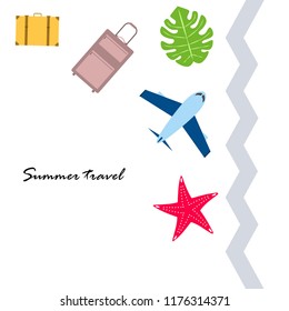 summer travel suitcase aircraft starfish tropical plant vector background