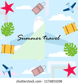 summer travel suitcase aircraft starfish tropical plant vector background summer travel suitcase aircraft starfish tropical plant vector background
