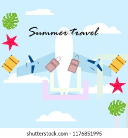 summer travel suitcase aircraft starfish tropical plant vector background