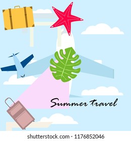 summer travel suitcase aircraft starfish tropical plant vector background