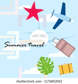 summer travel suitcase aircraft starfish tropical plant vector background