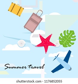 summer travel suitcase aircraft starfish tropical plant vector background