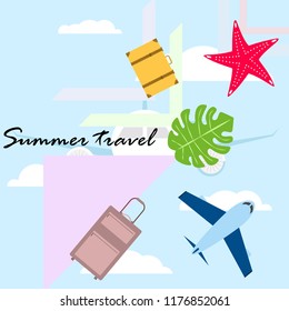 summer travel suitcase aircraft starfish tropical plant vector background