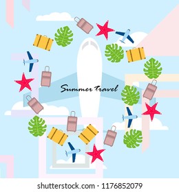 summer travel suitcase aircraft starfish tropical plant vector background