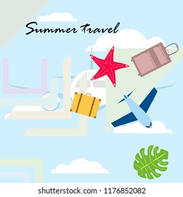 summer travel suitcase aircraft starfish tropical plant vector background
