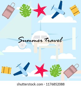 summer travel suitcase aircraft starfish tropical plant vector background