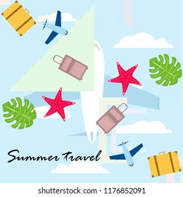 summer travel suitcase aircraft starfish tropical plant vector background