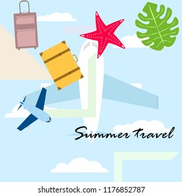 summer travel suitcase aircraft starfish tropical plant vector background
