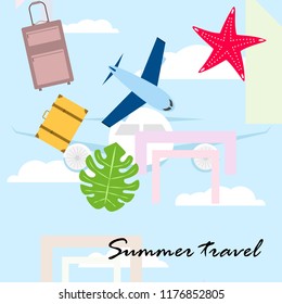 summer travel suitcase aircraft starfish tropical plant vector background