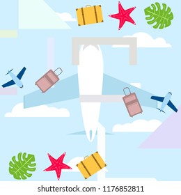 summer travel suitcase aircraft starfish tropical plant vector background