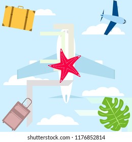 summer travel suitcase aircraft starfish tropical plant vector background