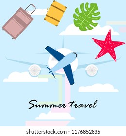 summer travel suitcase aircraft starfish tropical plant vector background