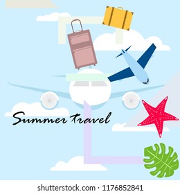 summer travel suitcase aircraft starfish tropical plant vector background