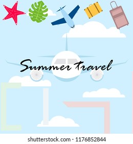 summer travel suitcase aircraft starfish tropical plant vector background