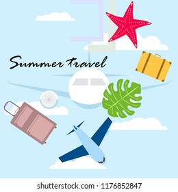summer travel suitcase aircraft starfish tropical plant vector background