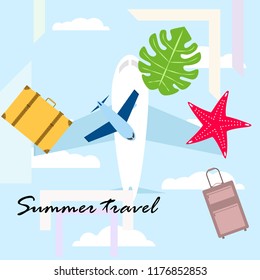 summer travel suitcase aircraft starfish tropical plant vector background