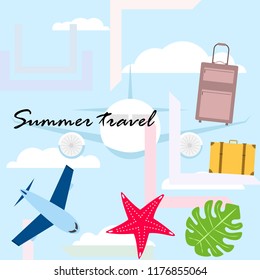 summer travel suitcase aircraft starfish tropical plant vector background