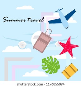 summer travel suitcase aircraft starfish tropical plant vector background