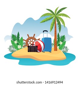 Summer and travel suitcase beach ball luggage and boat steering wheel cartoons in the beach splash scenery. vector illustration graphic design
