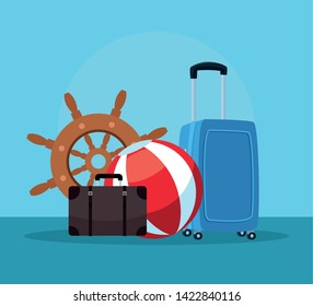 Summer and travel suitcase beach ball luggage and boat steering wheel cartoons on blue background. vector illustration graphic design