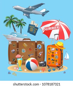 Summer Travel suitcase and beach parasols