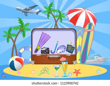 Summer Travel suitcase and beach parasols