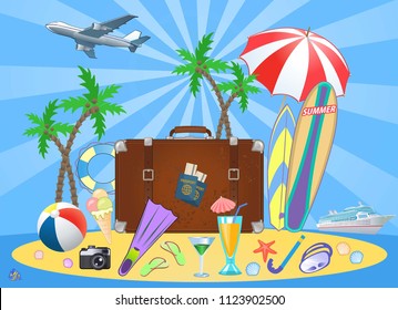 Summer Travel Suitcase Beach Parasols Stock Vector (Royalty Free ...