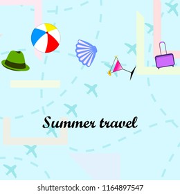 summer travel suitcase cocktail ball hat shell vector background