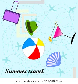 summer travel suitcase cocktail ball hat shell vector background